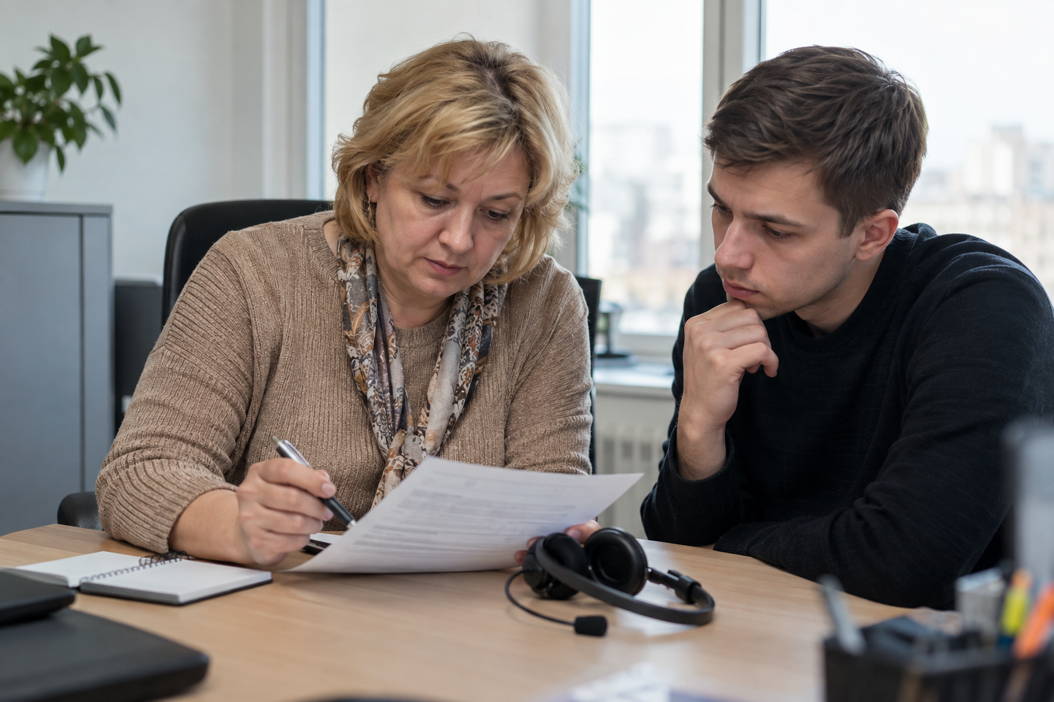 Иллюстрация: руководитель с коллегой обсуждают рабочий лист