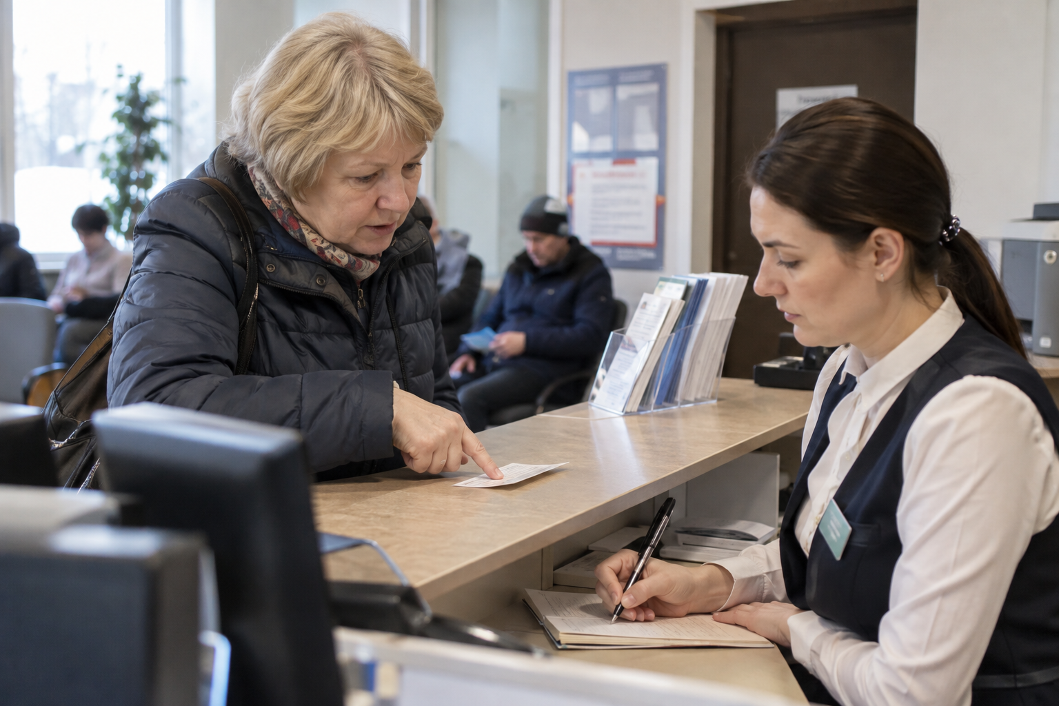Иллюстрация: посетительница указывает на бумажную карточку, сотрудница делает запись