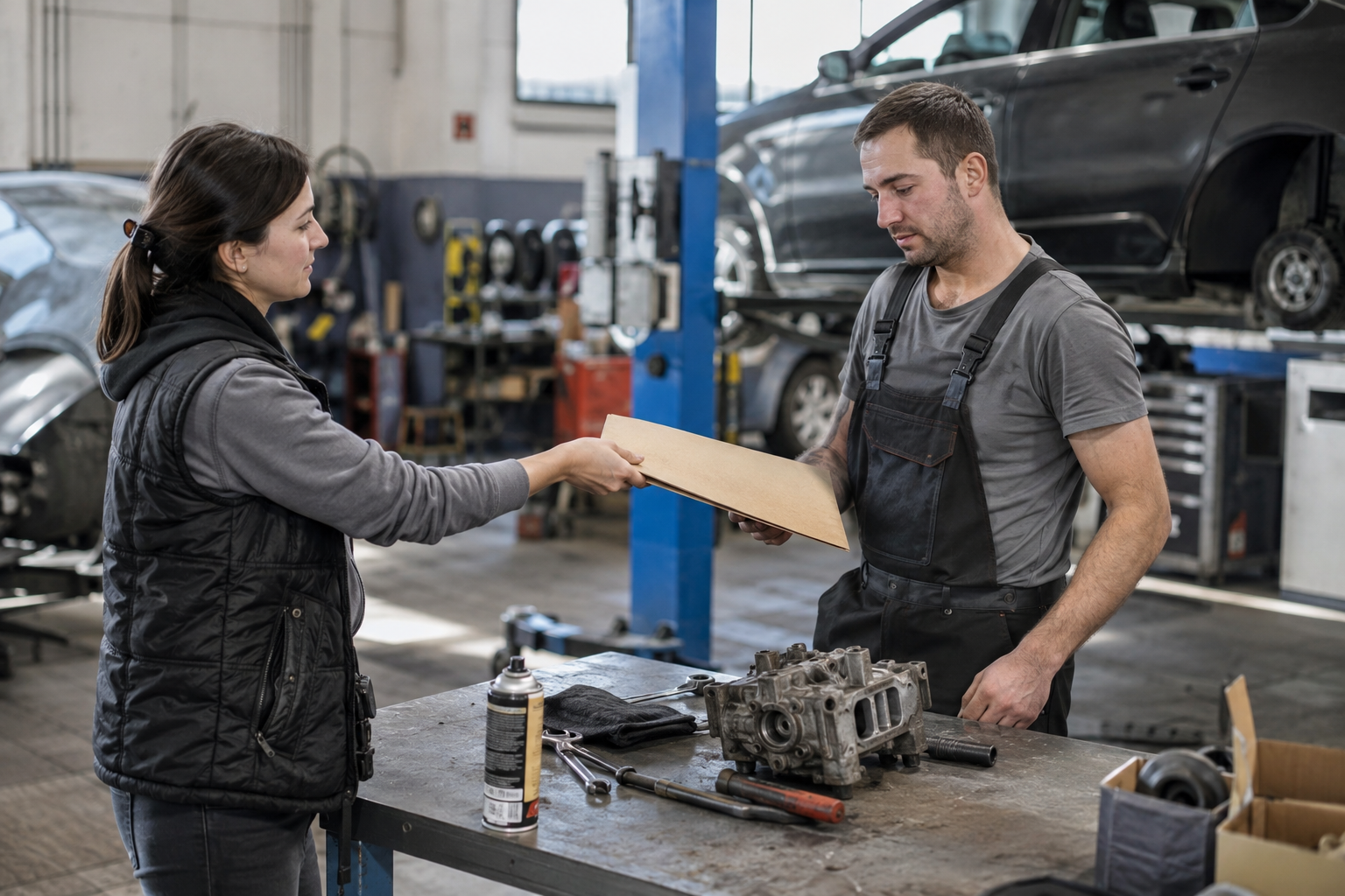 Иллюстрация: сотрудница передаёт папку коллеге у рабочего верстака