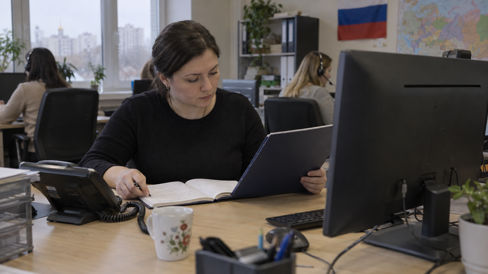 Иллюстрация: сотрудница сидит за столом рядом с телефоном и монитором