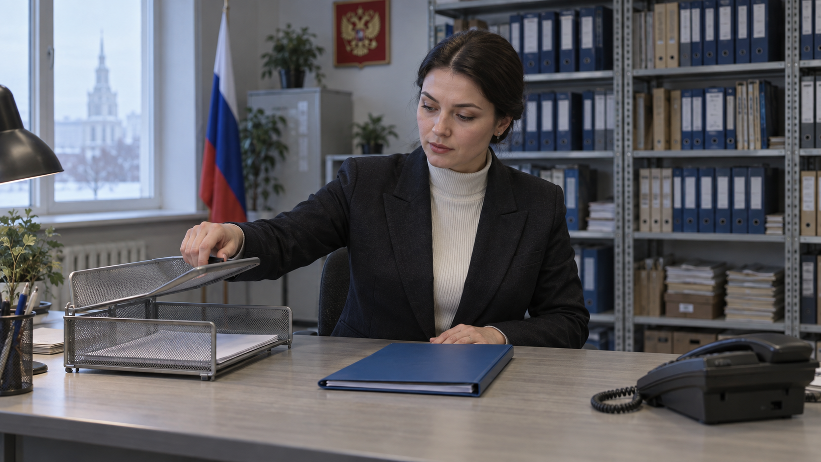 Иллюстрация: сотрудница закрывает лоток рядом с синей папкой и телефоном
