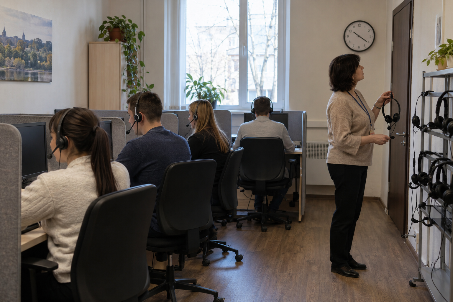 Иллюстрация: группа операторов работает в гарнитурах, наставница держит запасную гарнитуру