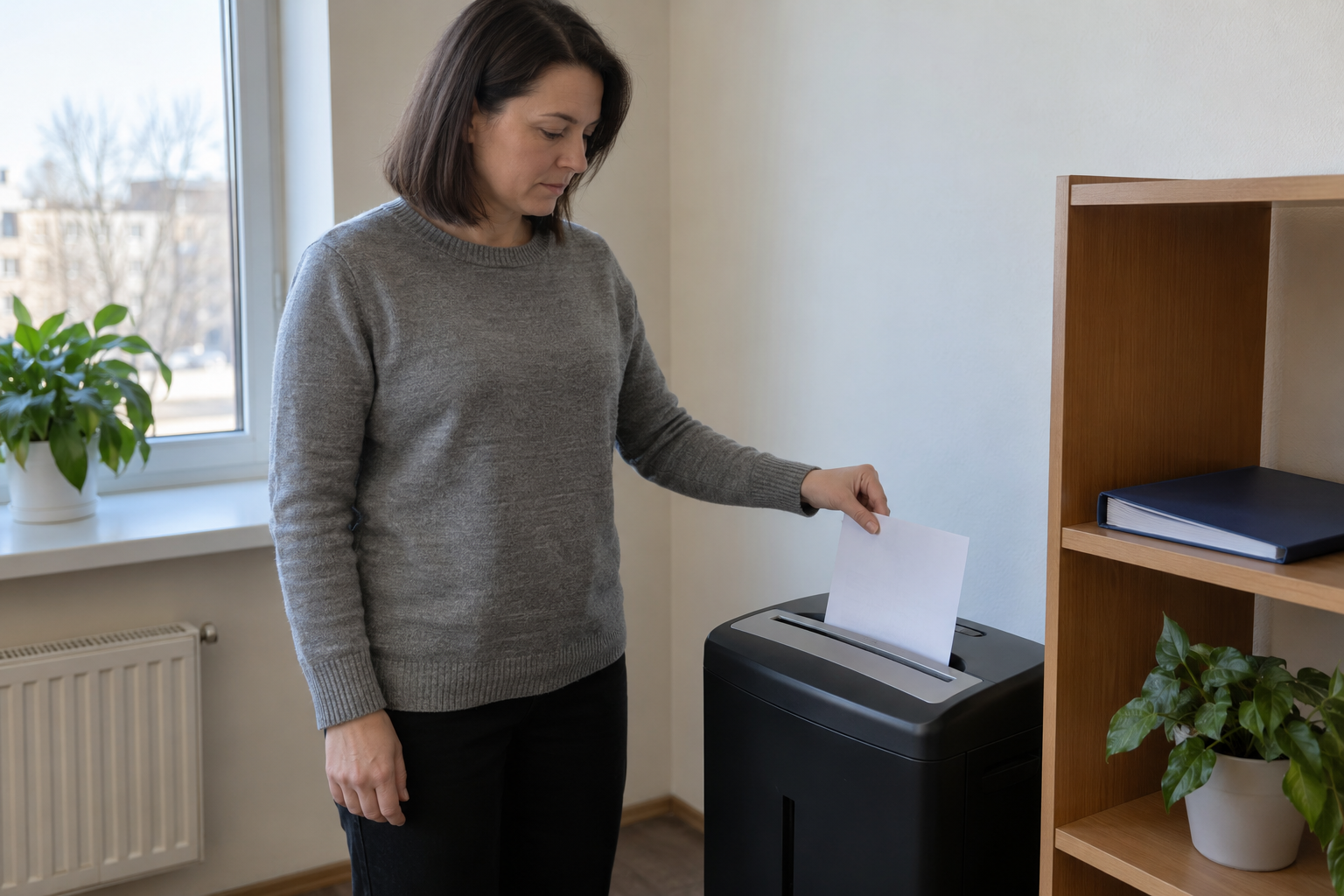Иллюстрация: сотрудница опускает лист в уничтожитель бумаги