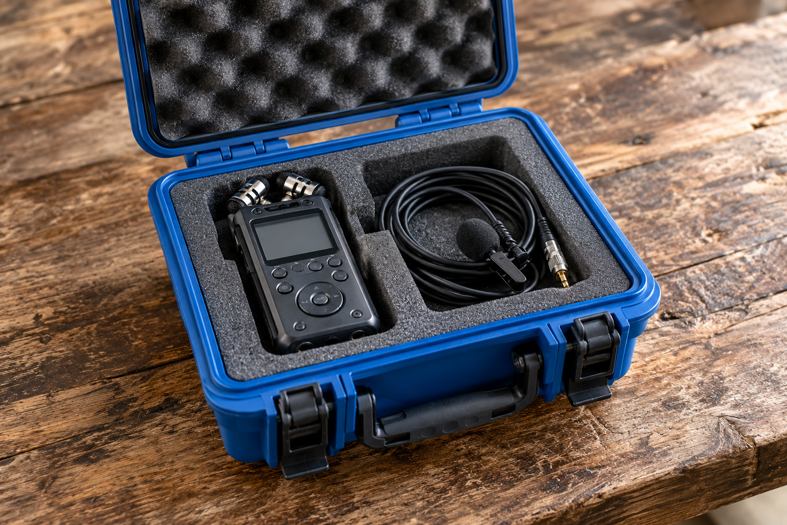 Открытый защитный кейс с рекордером и кабелем
