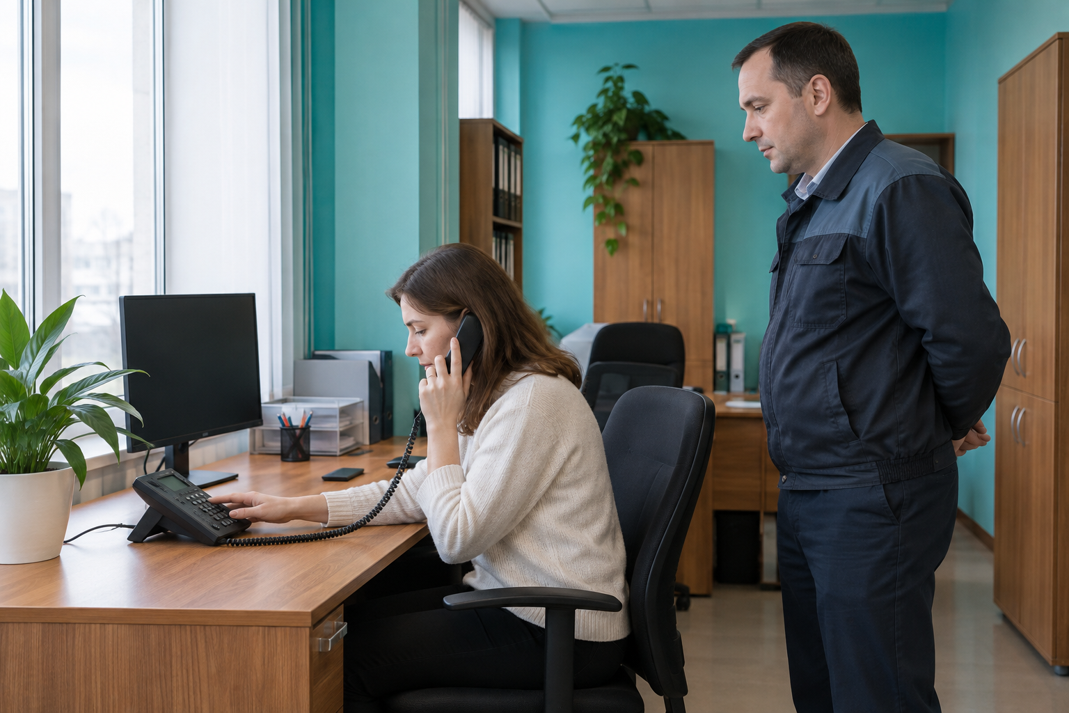 Иллюстрация: сотрудница держит трубку настольного телефона, сотрудник стоит рядом