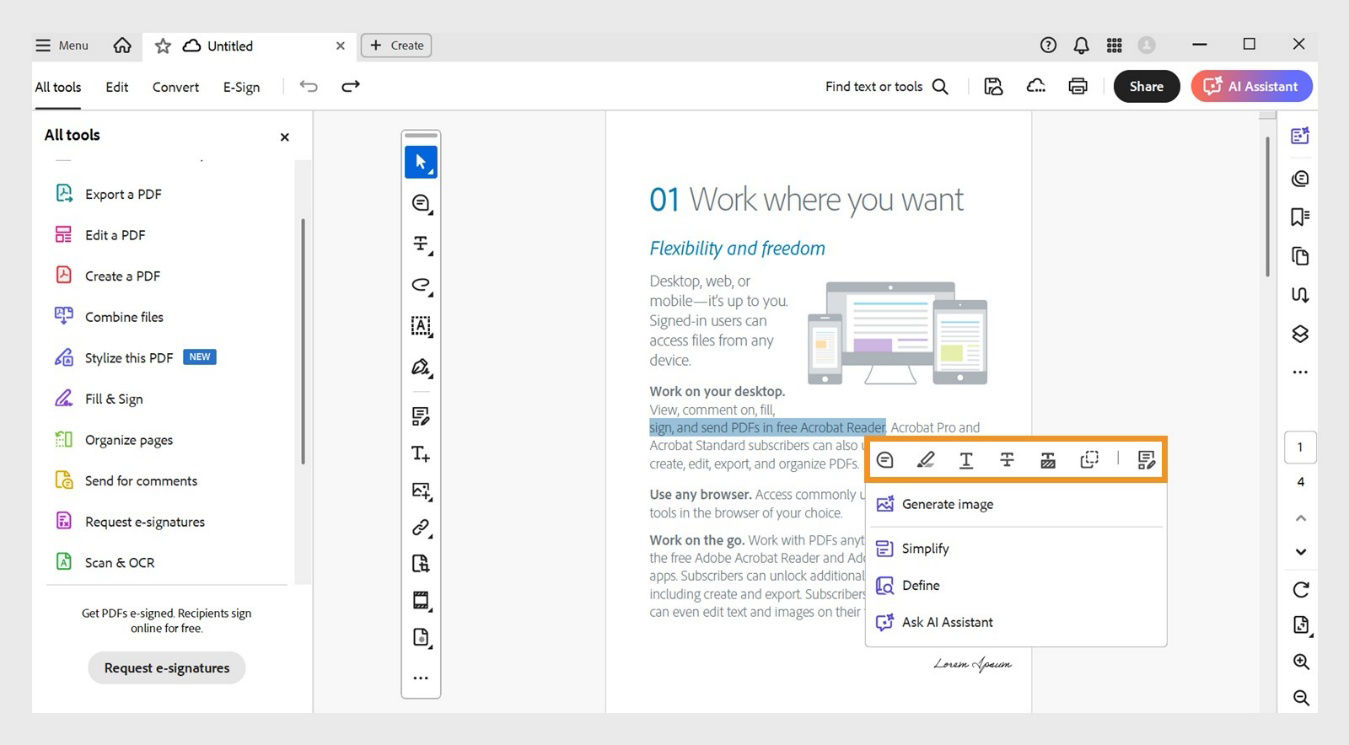 Настоящий экран Adobe с действиями для выделенного текста PDF