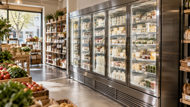 Иллюстрация: заполненная холодильная витрина в продуктовом магазине