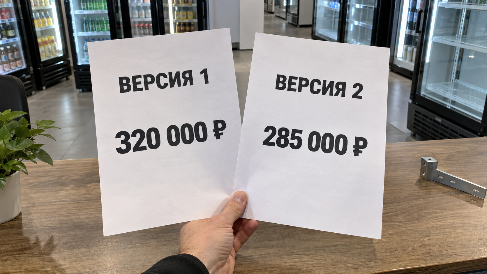 Иллюстрация: две учебные версии предложения с ценами 320 000 и 285 000 рублей рядом с образцом крепления полки