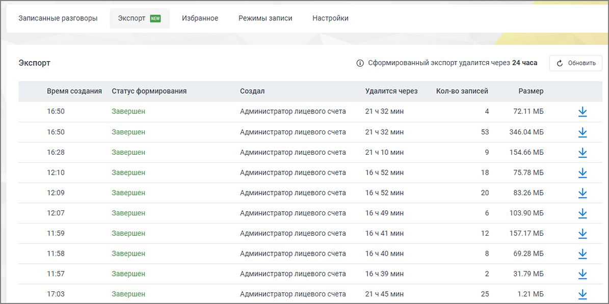 Вкладка экспорта в официальной документации MANGO OFFICE